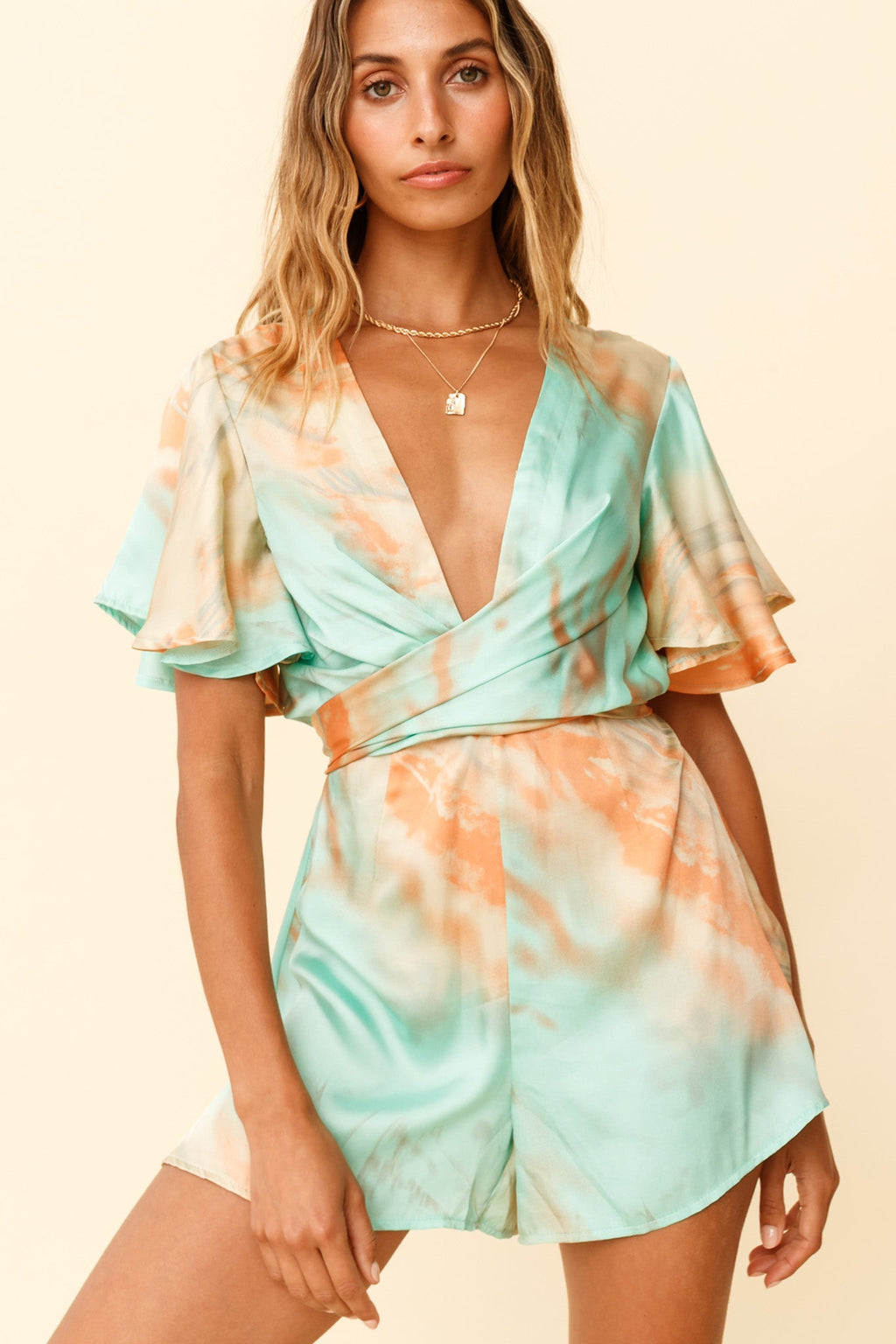 Unconditional Plunging Wrap Style Romper Marbled Tie Dye Aqua/Orange by Selfie Leslie