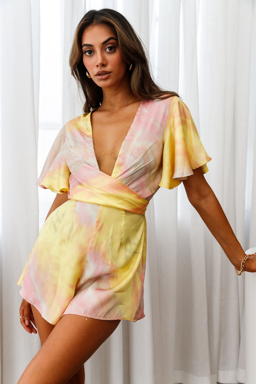 Unconditional Plunging Wrap Style Romper Marbled Tie Dye Pink/Yellow by Selfie Leslie