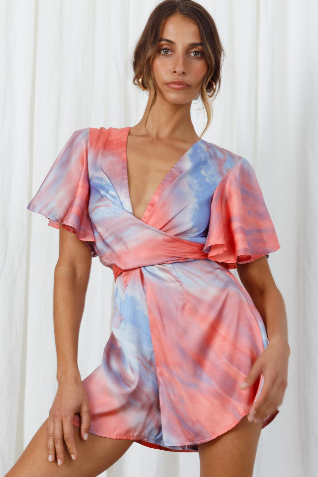 Unconditional Plunging Wrap Style Romper Marbled Tie Dye Red/Purple by Selfie Leslie