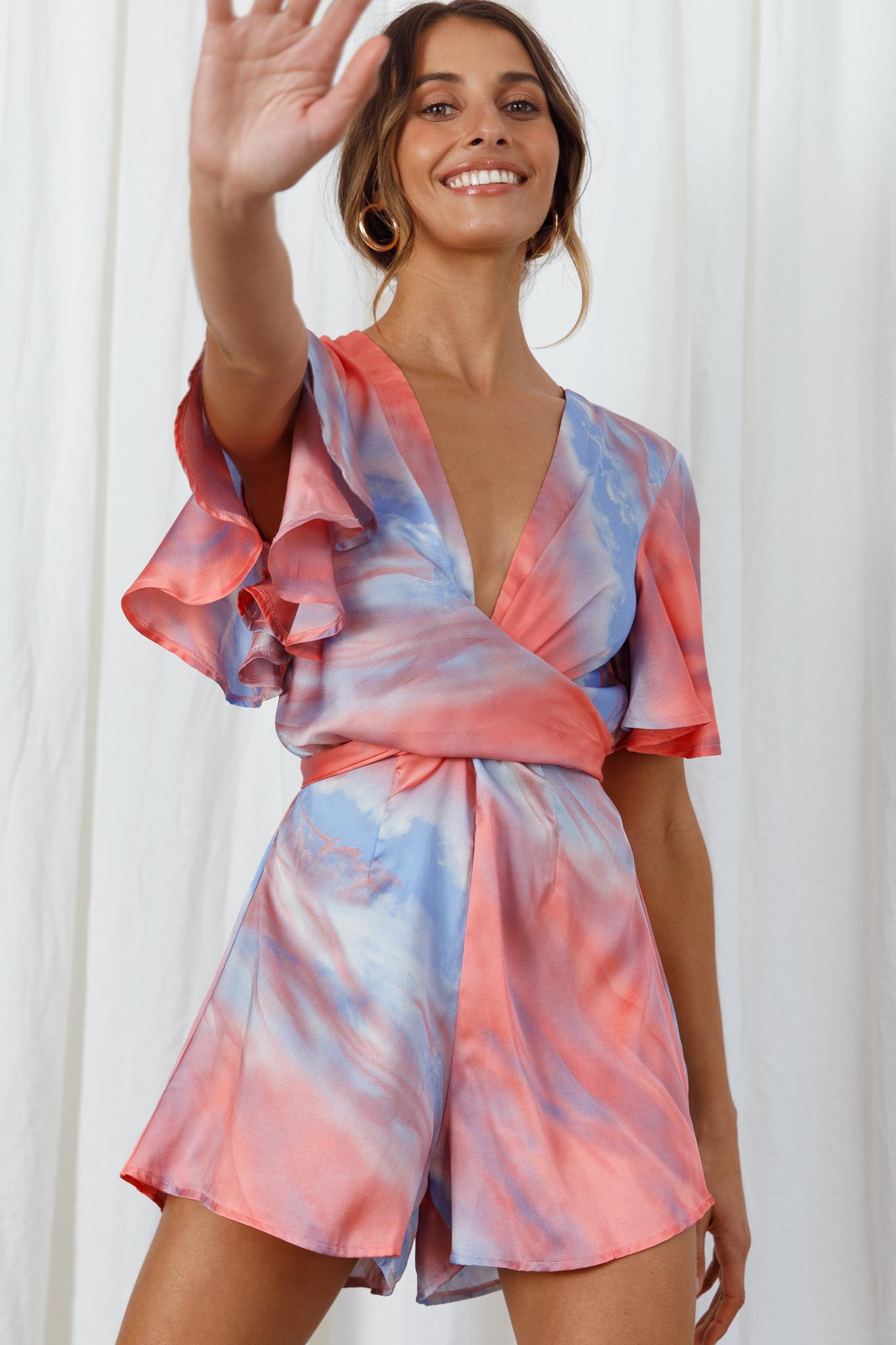 Unconditional Plunging Wrap Style Romper Marbled Tie Dye Red/Purple by Selfie Leslie