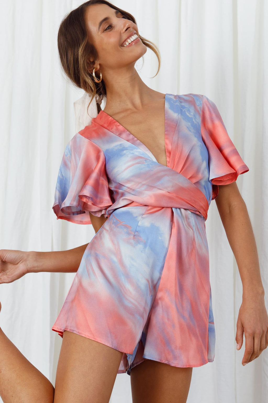 Unconditional Plunging Wrap Style Romper Marbled Tie Dye Red/Purple by Selfie Leslie