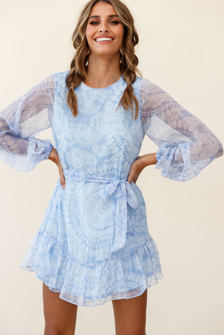 Always & Forever Long Balloon Sleeve Crew Neck Dress Paisley Print Blue by Selfie Leslie