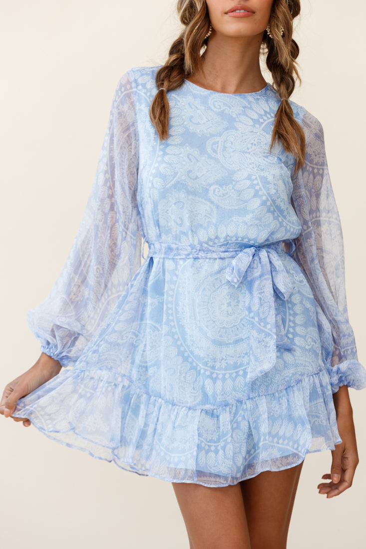 Always & Forever Long Balloon Sleeve Crew Neck Dress Paisley Print Blue by Selfie Leslie