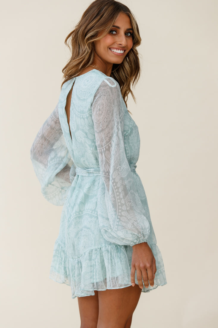 Always & Forever Long Balloon Sleeve Crew Neck Dress Paisley Print Mint by Selfie Leslie