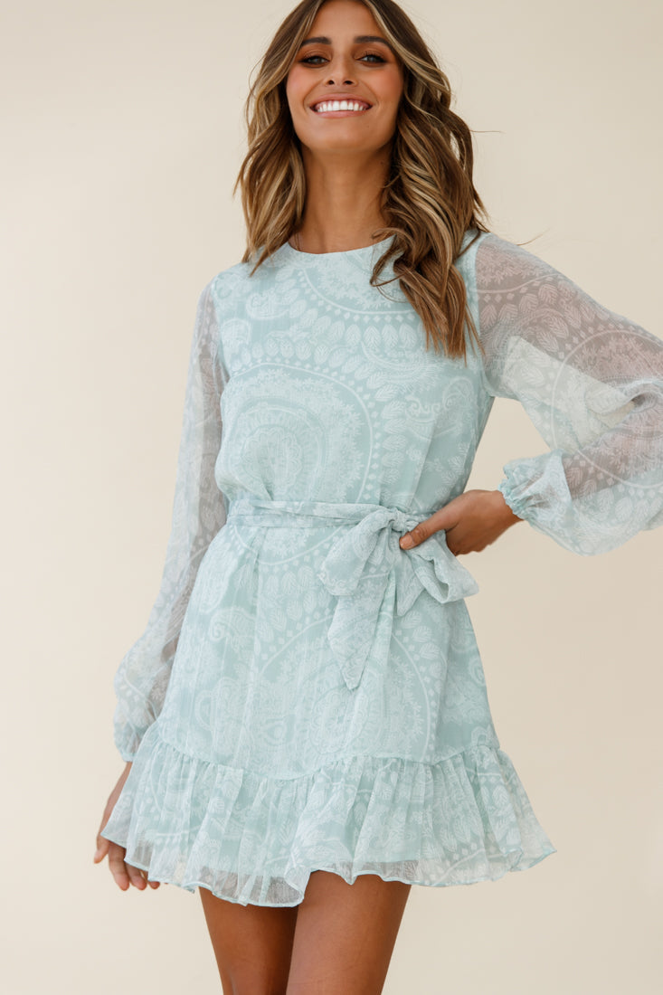 Always & Forever Long Balloon Sleeve Crew Neck Dress Paisley Print Mint by Selfie Leslie