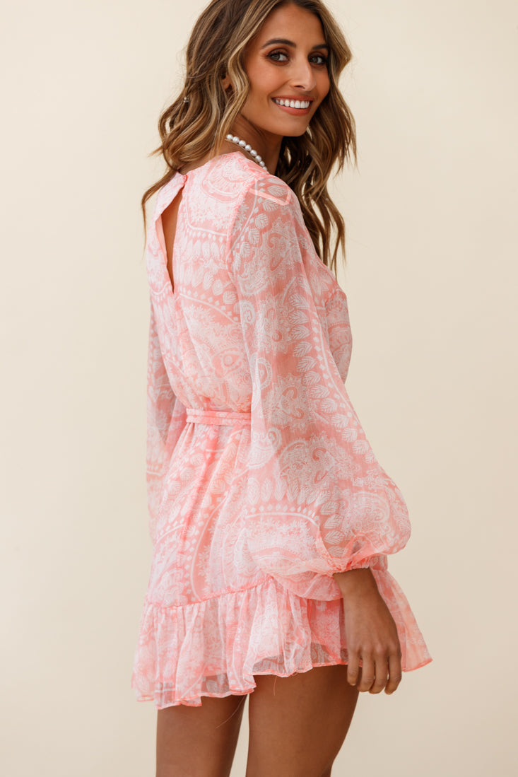 Always & Forever Long Balloon Sleeve Crew Neck Dress Paisley Print Peach by Selfie Leslie