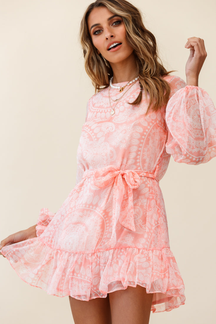 Always & Forever Long Balloon Sleeve Crew Neck Dress Paisley Print Peach by Selfie Leslie