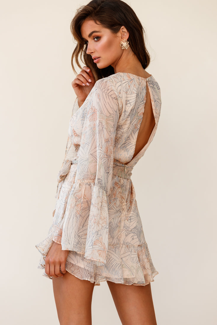 Dayton Bell Sleeve Waist Tie Dress Leaf Print Nude by Selfie Leslie