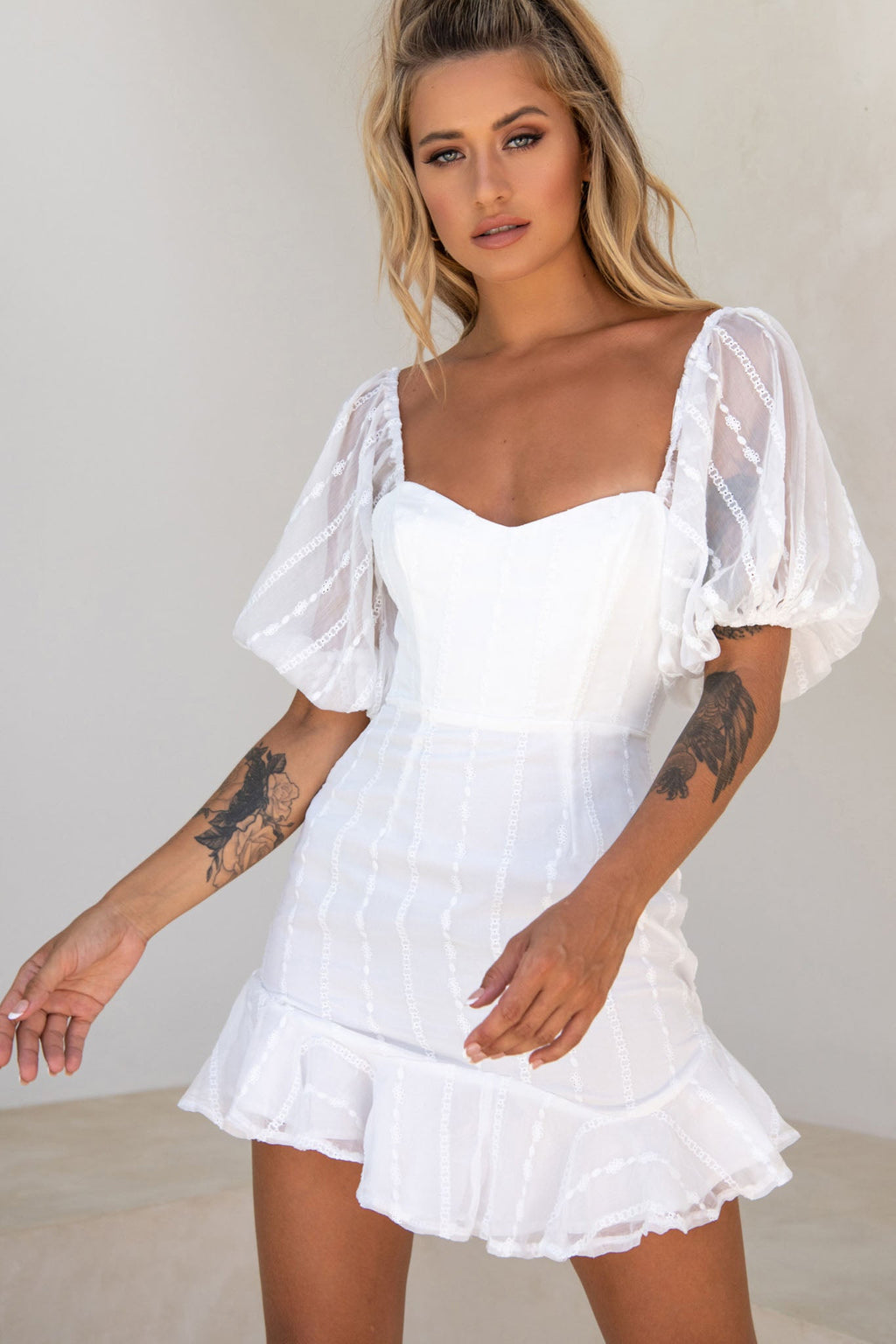 Ring My Bell Sheer Puff Sleeve Embroidery Detail Dress White by Selfie Leslie