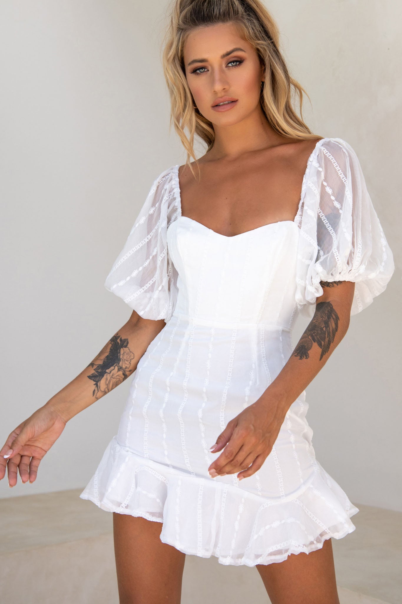 Ring My Bell Sheer Puff Sleeve Embroidery Detail Dress White by Selfie Leslie