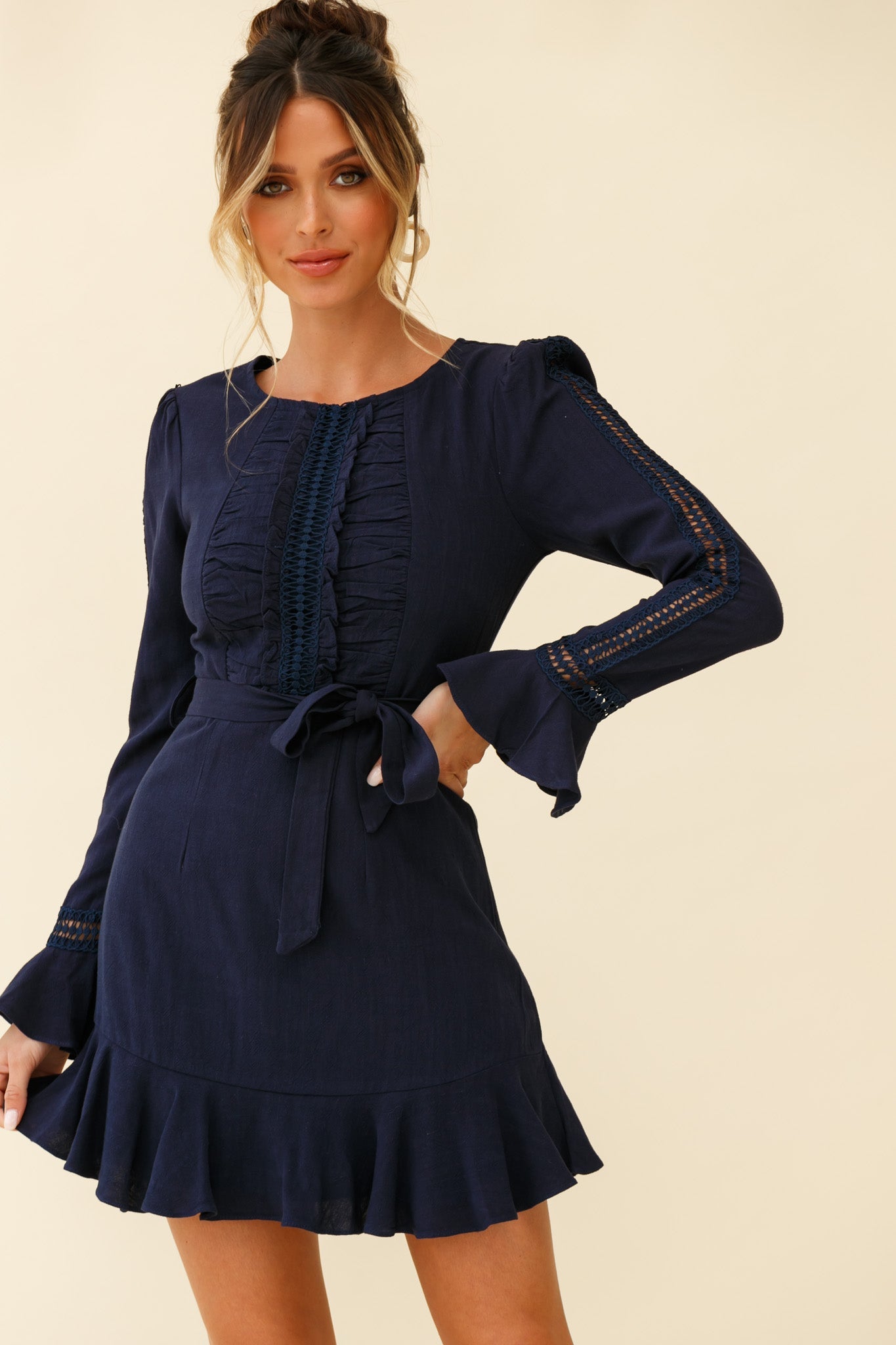 Gardenia Long Sleeve Frill & Crochet Trim Dress Navy by Selfie Leslie