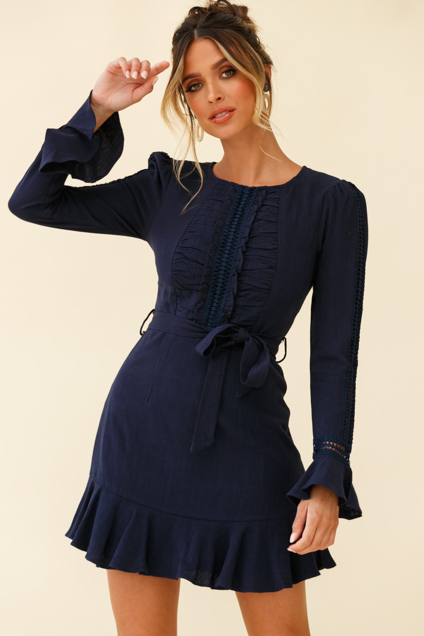 Gardenia Long Sleeve Frill & Crochet Trim Dress Navy by Selfie Leslie