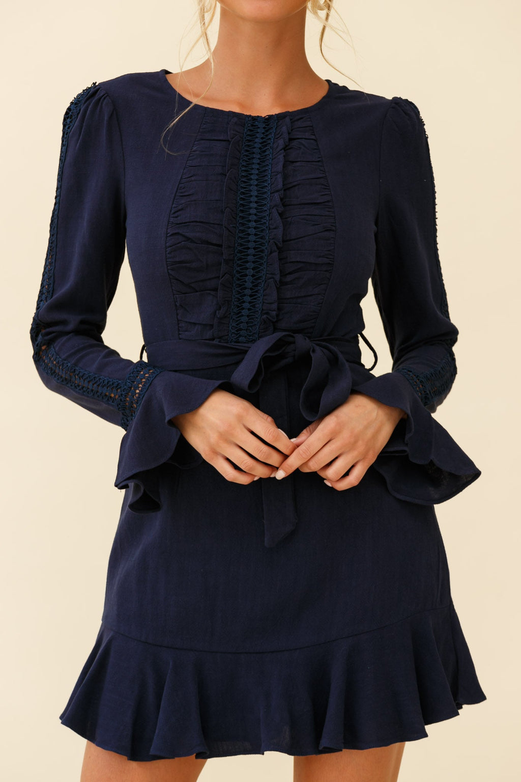 Gardenia Long Sleeve Frill & Crochet Trim Dress Navy by Selfie Leslie