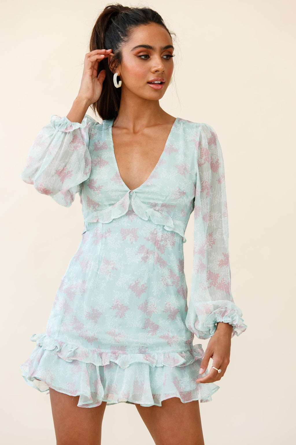 Amarantha Sheer Balloon Sleeve Frill Trim Dress Floral Print Mint by Selfie Leslie
