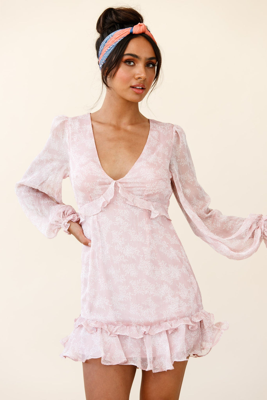 Amarantha Sheer Balloon Sleeve Frill Trim Dress Floral Print Pink by Selfie Leslie