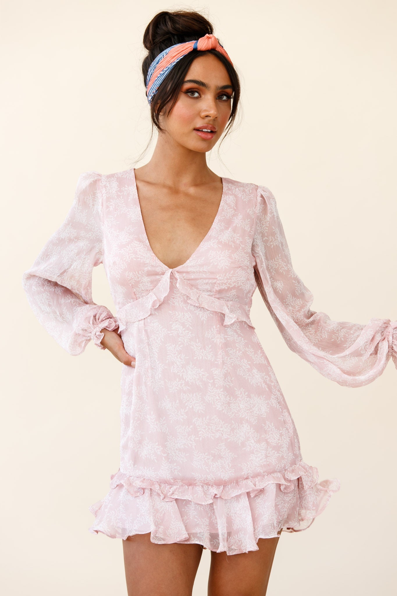 Amarantha Sheer Balloon Sleeve Frill Trim Dress Floral Print Pink by Selfie Leslie