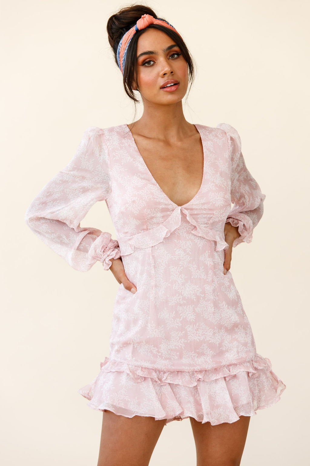 Amarantha Sheer Balloon Sleeve Frill Trim Dress Floral Print Pink by Selfie Leslie