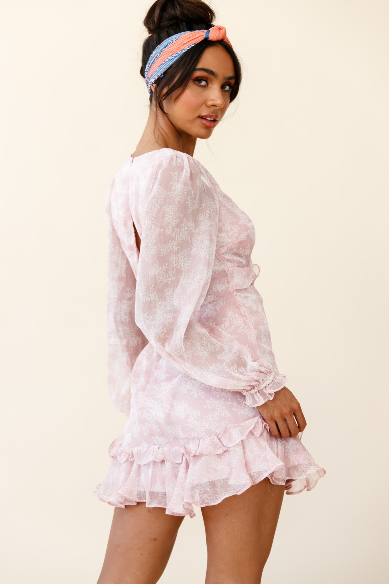 Amarantha Sheer Balloon Sleeve Frill Trim Dress Floral Print Pink by Selfie Leslie