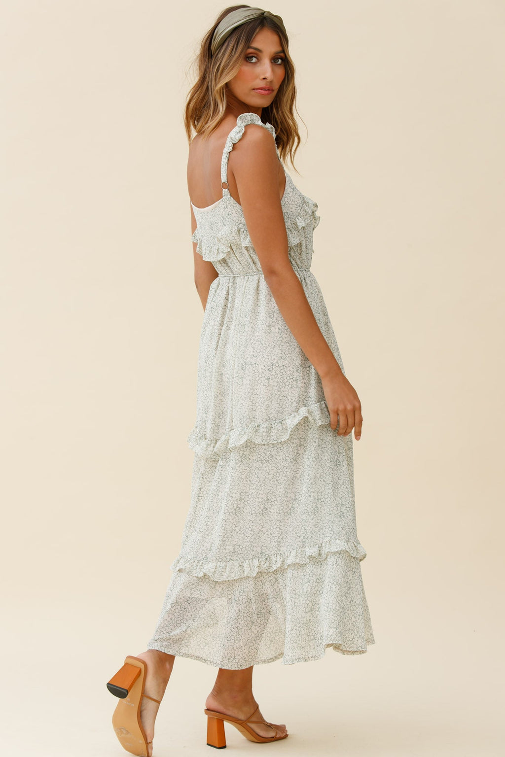 Priscilla Tied Bust Frill Detail Maxi Dress Floral Print Olive by Selfie Leslie