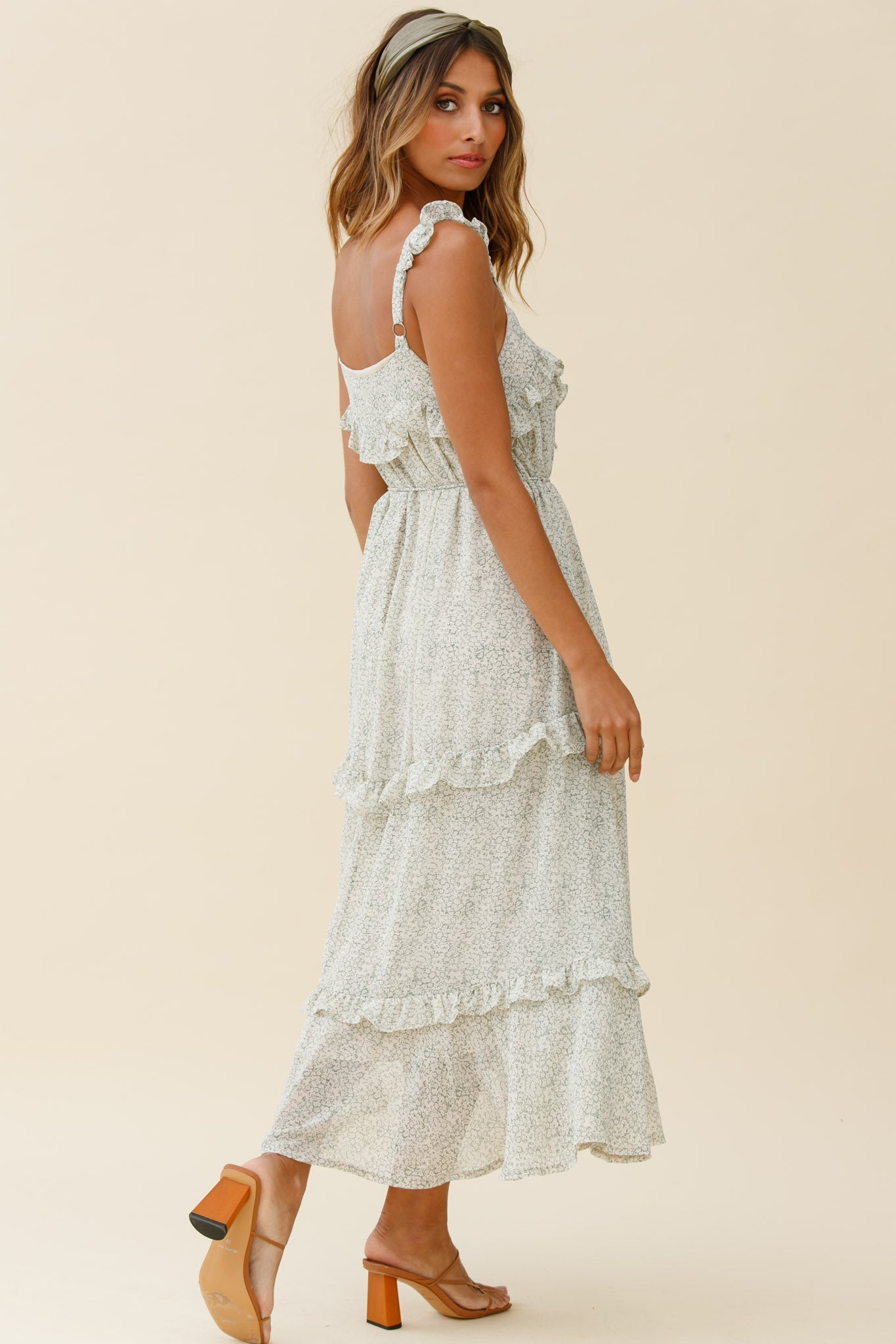 Priscilla Tied Bust Frill Detail Maxi Dress Floral Print Olive by Selfie Leslie