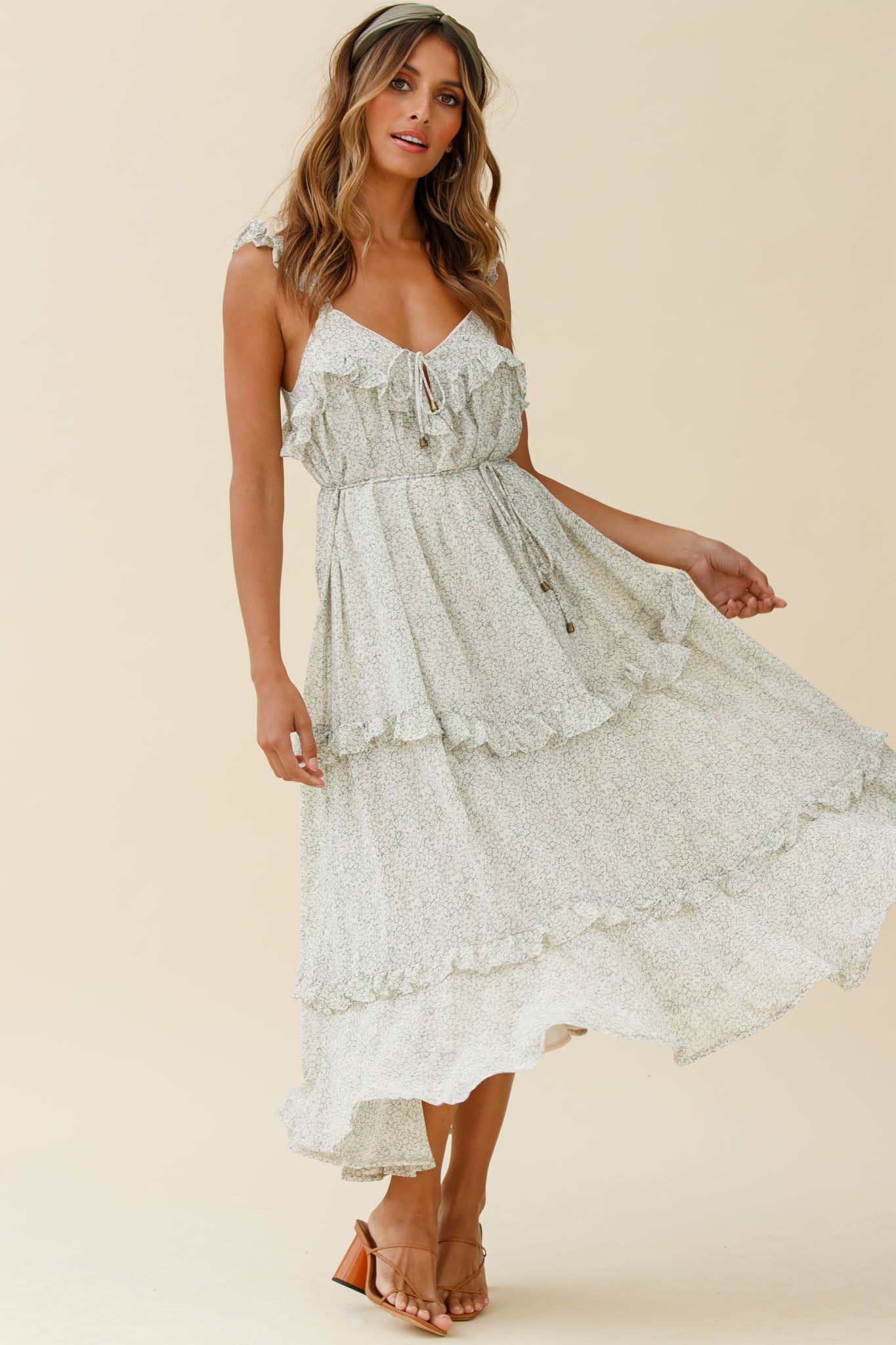 Priscilla Tied Bust Frill Detail Maxi Dress Floral Print Olive by Selfie Leslie