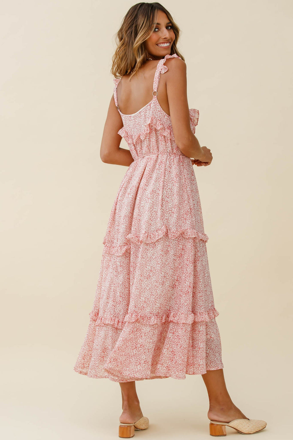Priscilla Tied Bust Frill Detail Maxi Dress Floral Print Red by Selfie Leslie