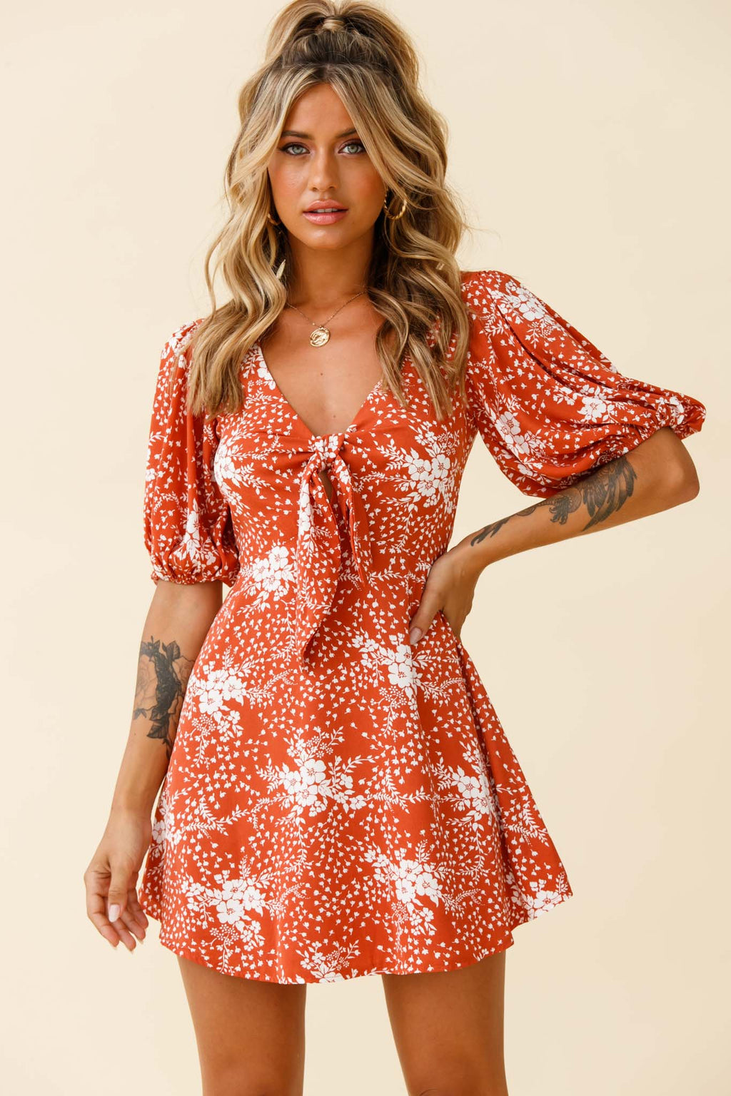 Portia Tied Bust Puff Sleeve Dress Flower Pattern Rust by Selfie Leslie