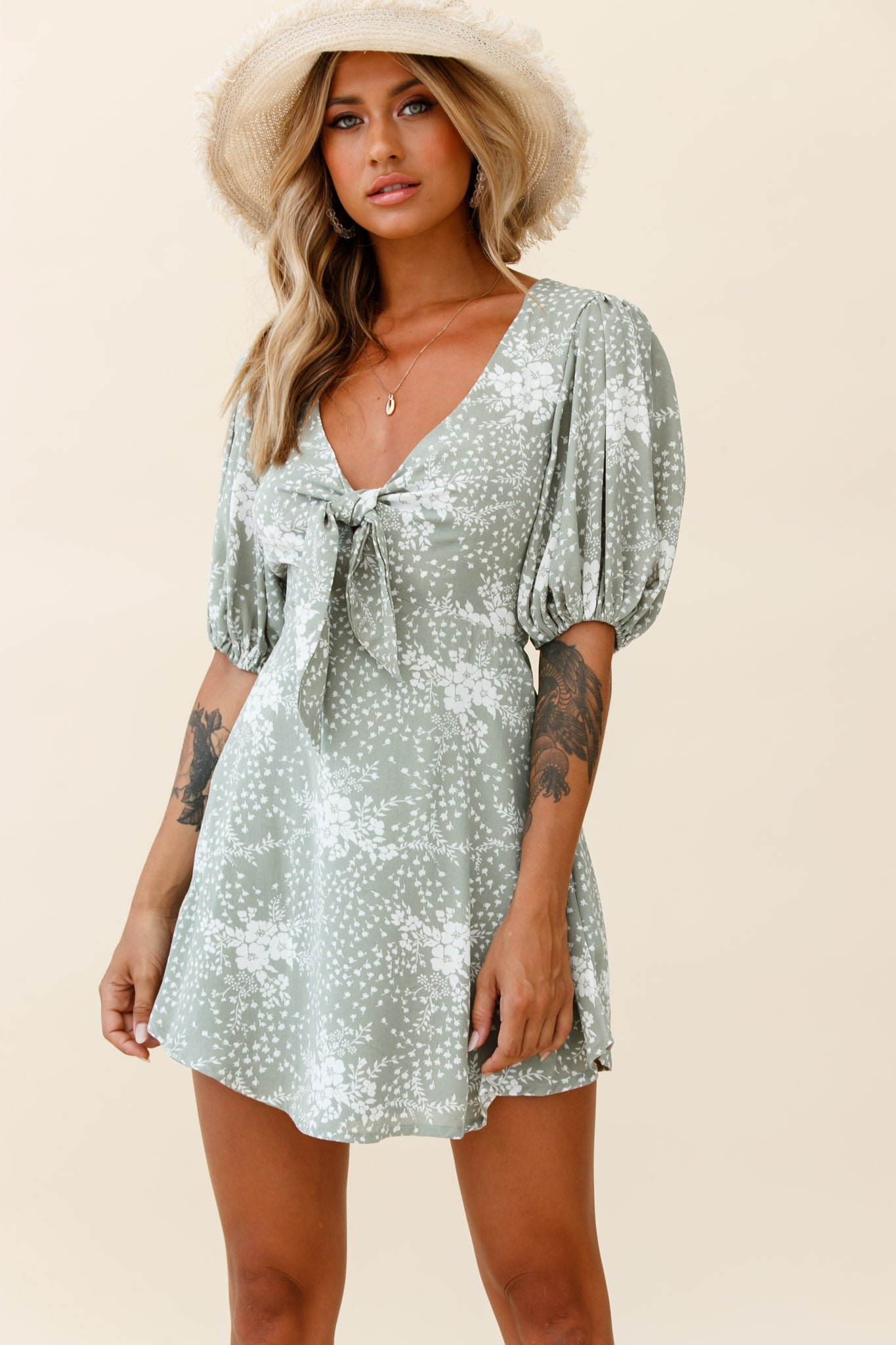 Portia Tied Bust Puff Sleeve Dress Flower Pattern Sage by Selfie Leslie