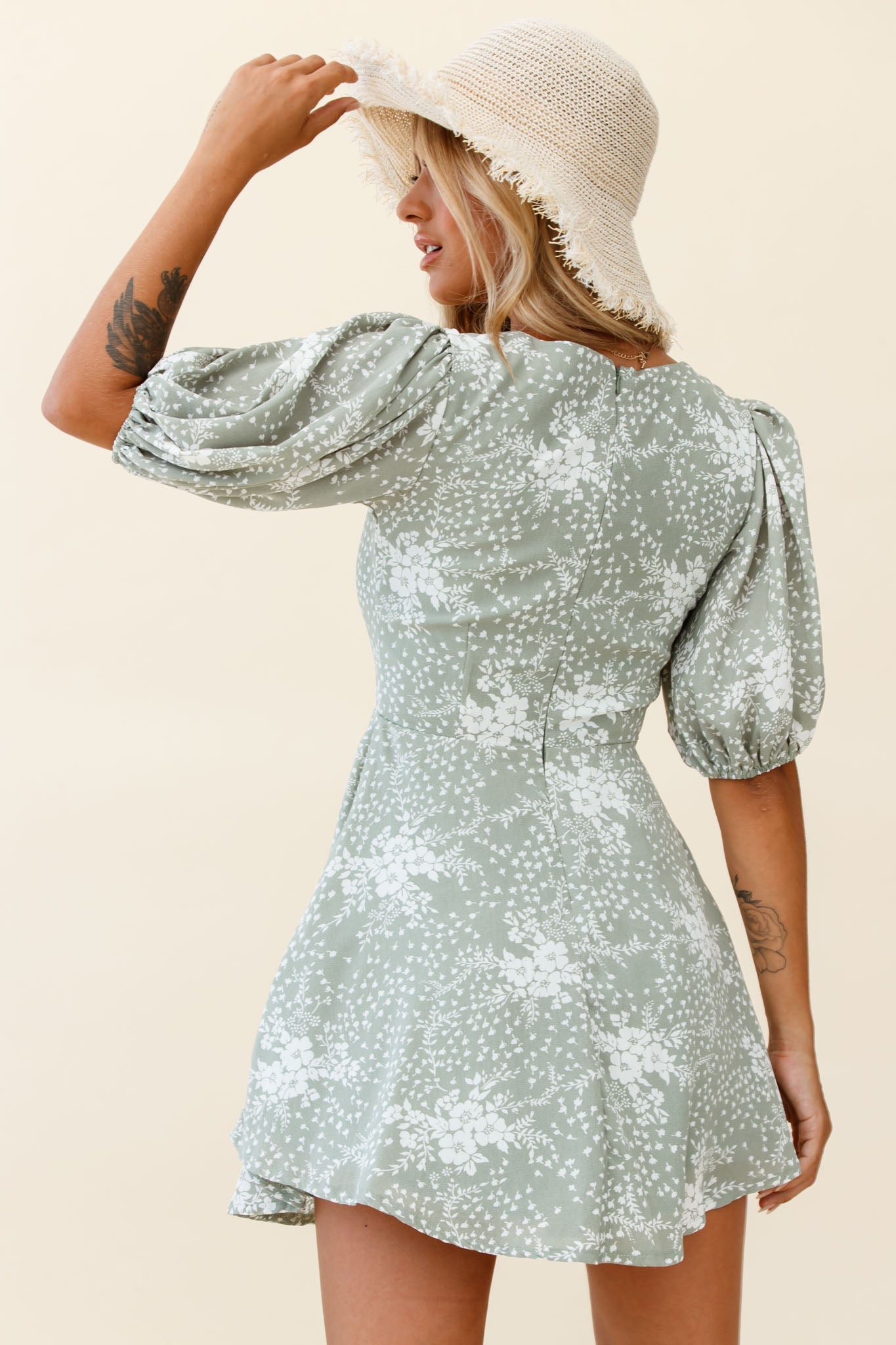 Portia Tied Bust Puff Sleeve Dress Flower Pattern Sage by Selfie Leslie