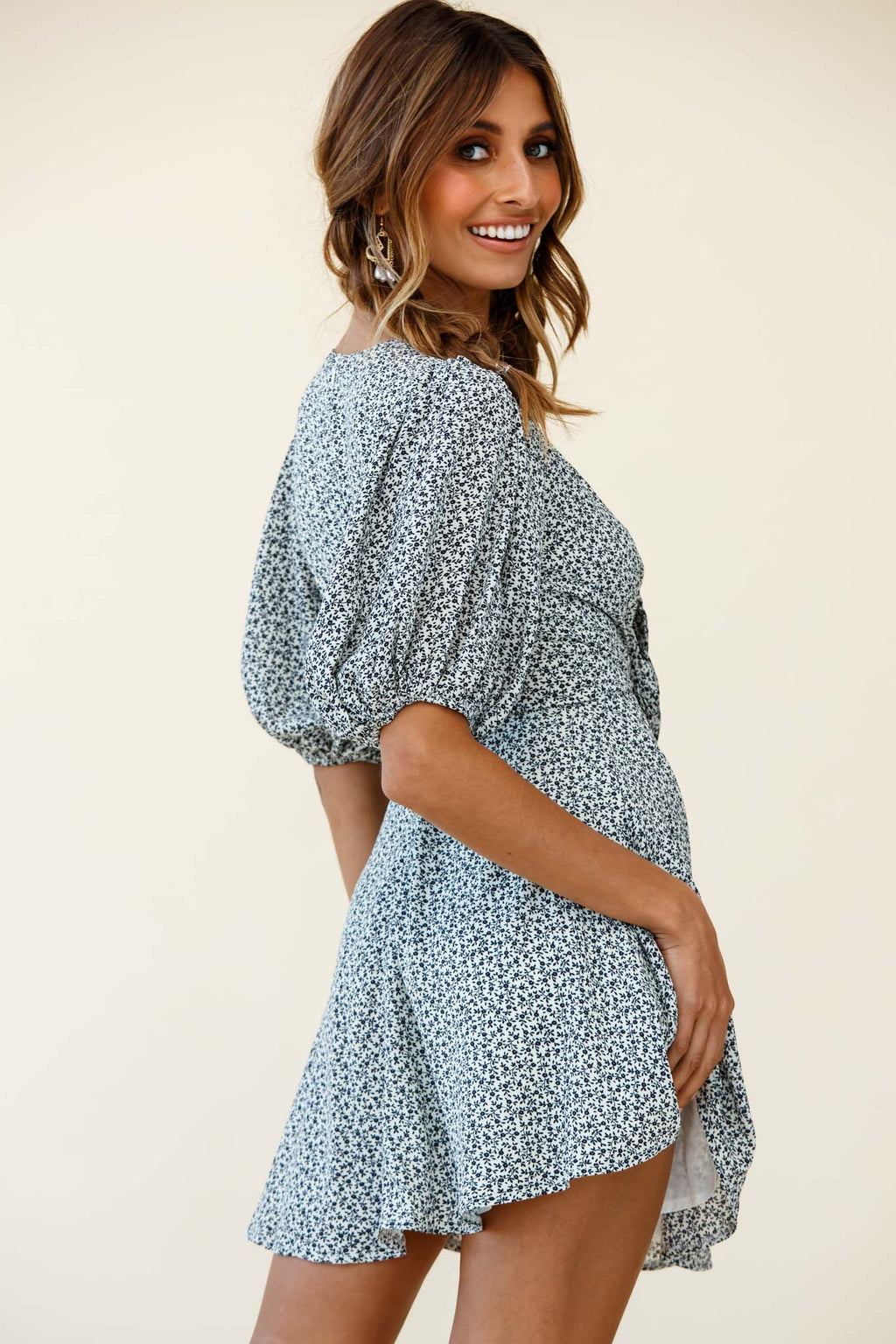 Portia Tied Bust Puff Sleeve Dress Floral Print White by Selfie Leslie