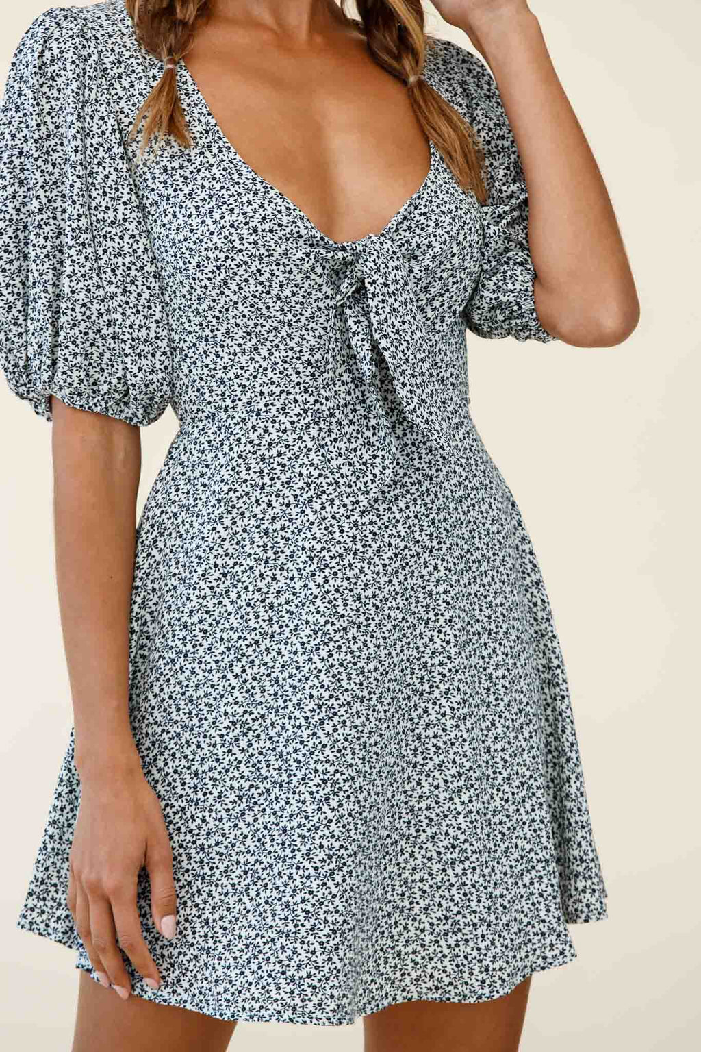 Portia Tied Bust Puff Sleeve Dress Floral Print White by Selfie Leslie