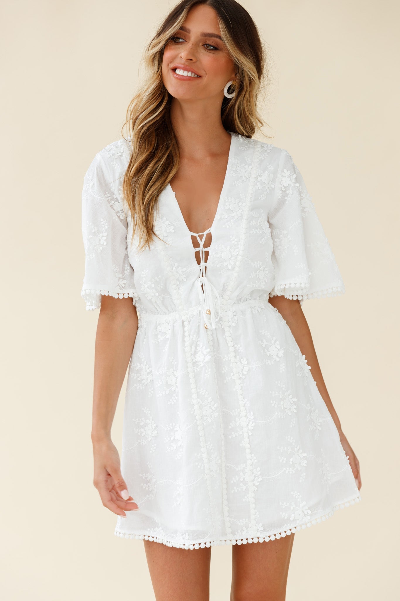 Esperanza Lace-Up Bust Floral Embroidery Dress White by Selfie Leslie