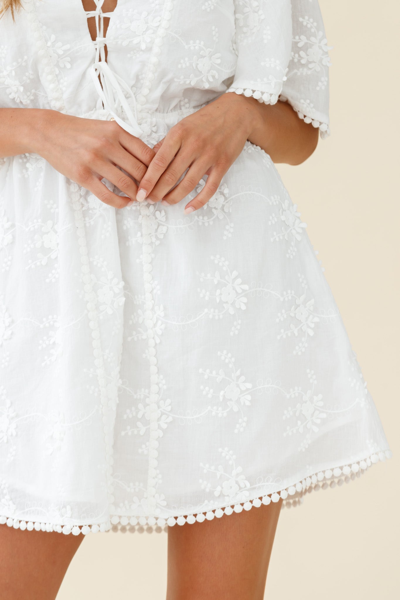 Esperanza Lace-Up Bust Floral Embroidery Dress White by Selfie Leslie