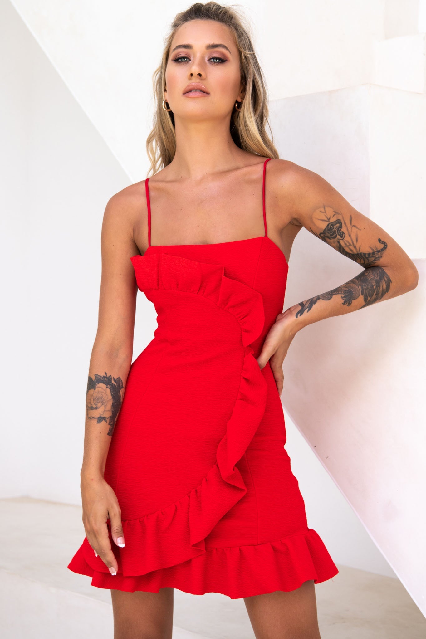 Juanita Half Moon Ruffle Detail Bodycon Dress Red by Selfie Leslie