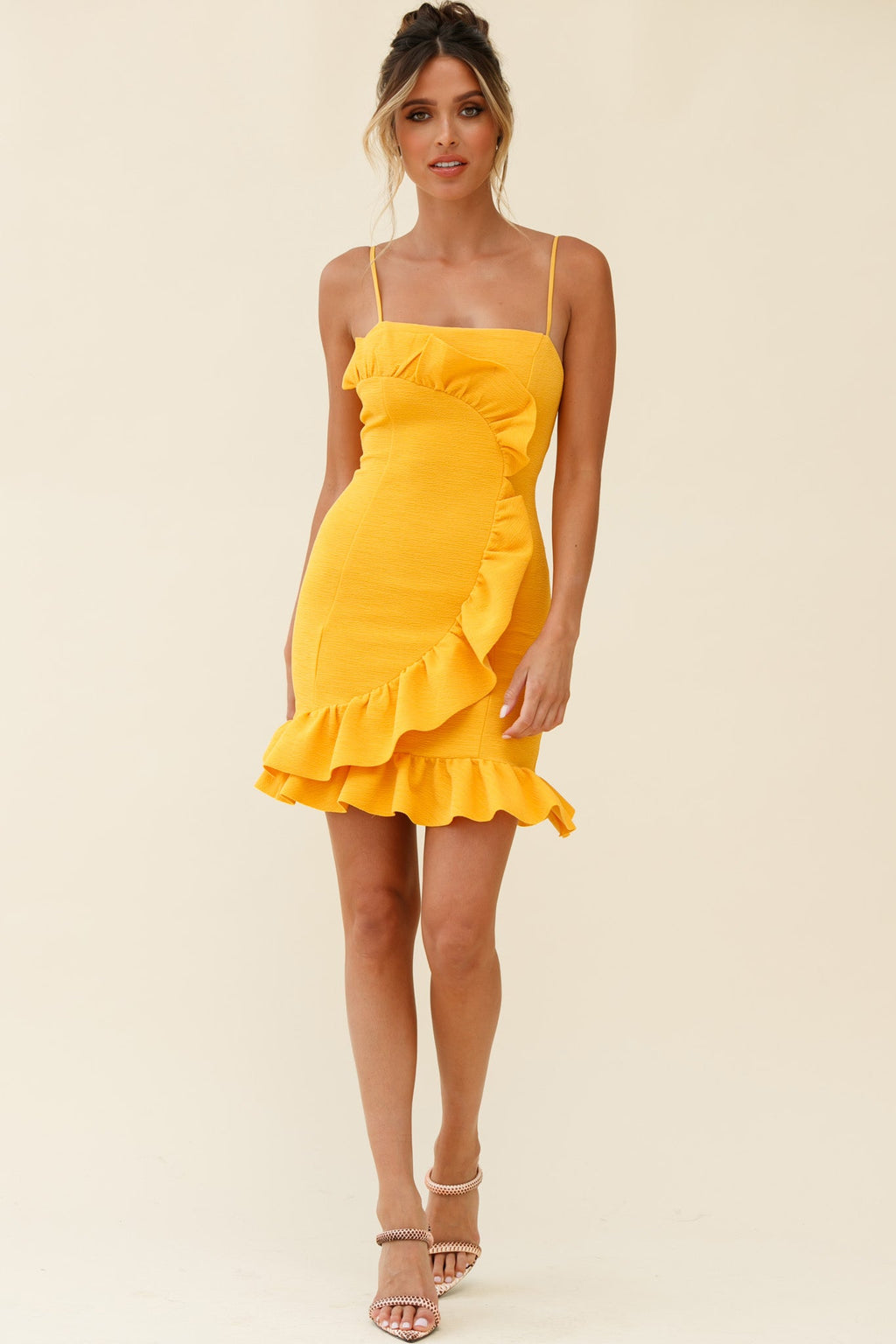 Juanita Half Moon Ruffle Detail Bodycon Dress Yellow by Selfie Leslie