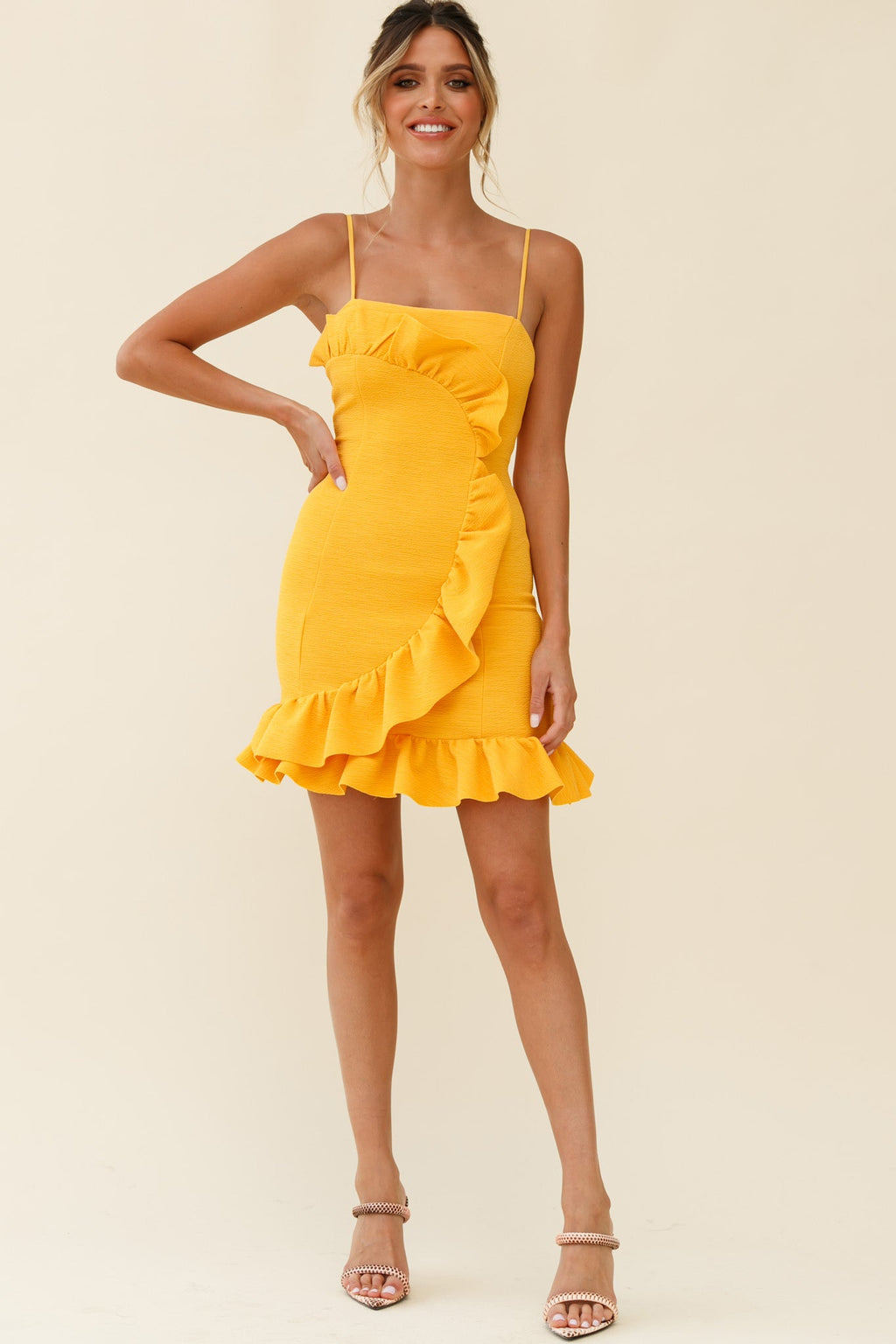 Juanita Half Moon Ruffle Detail Bodycon Dress Yellow by Selfie Leslie