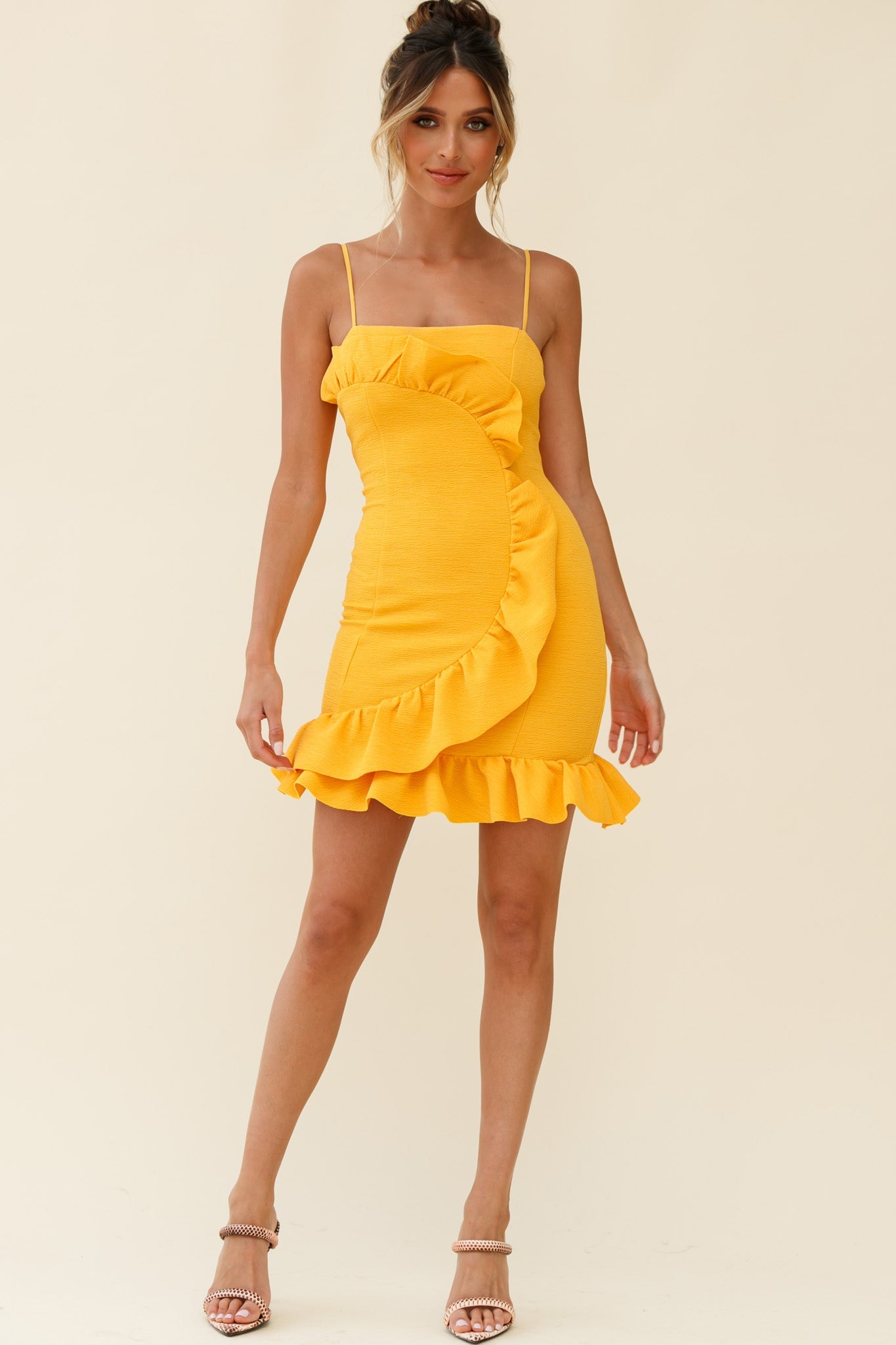 Juanita Half Moon Ruffle Detail Bodycon Dress Yellow by Selfie Leslie