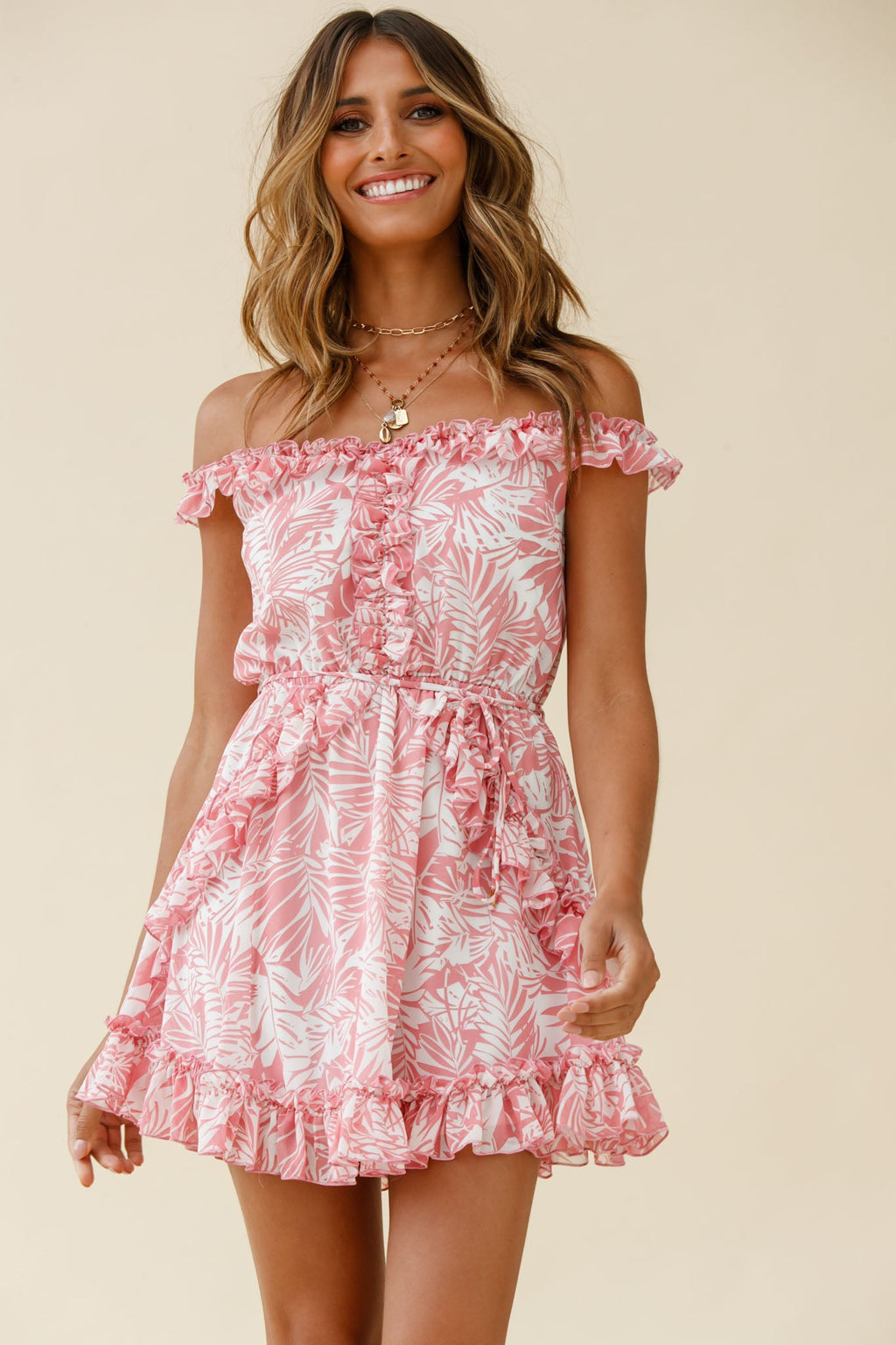Sail Away Off-Shoulder Frill Accent Dress Tropical Print Pink by Selfie Leslie