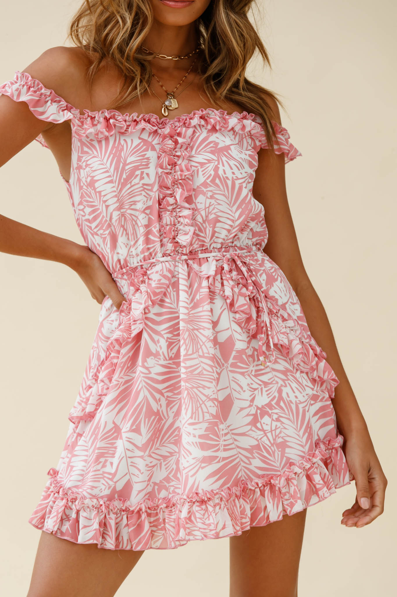 Sail Away Off-Shoulder Frill Accent Dress Tropical Print Pink by Selfie Leslie