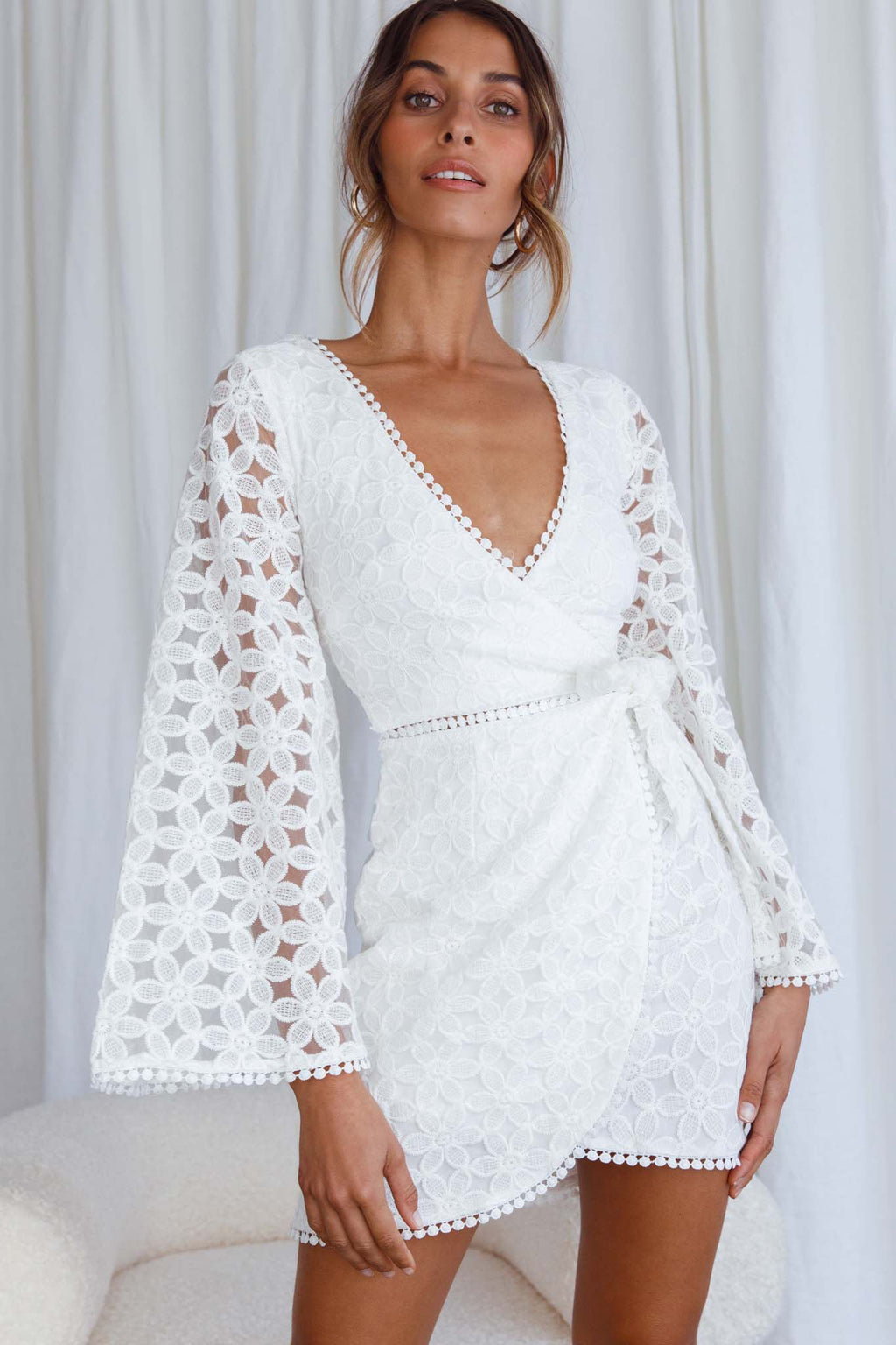 Santa Cruz Bell Sleeve Embroidered Wrap Mini Dress White by Selfie Leslie