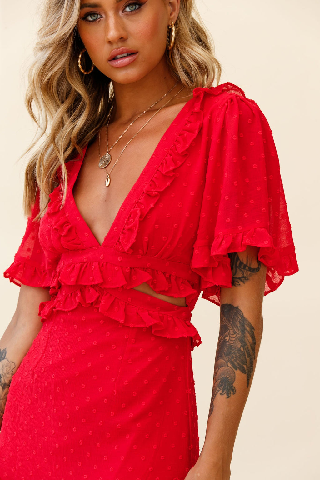 My Belle Cut-Out Detail Frill Accent Dress Red by Selfie Leslie