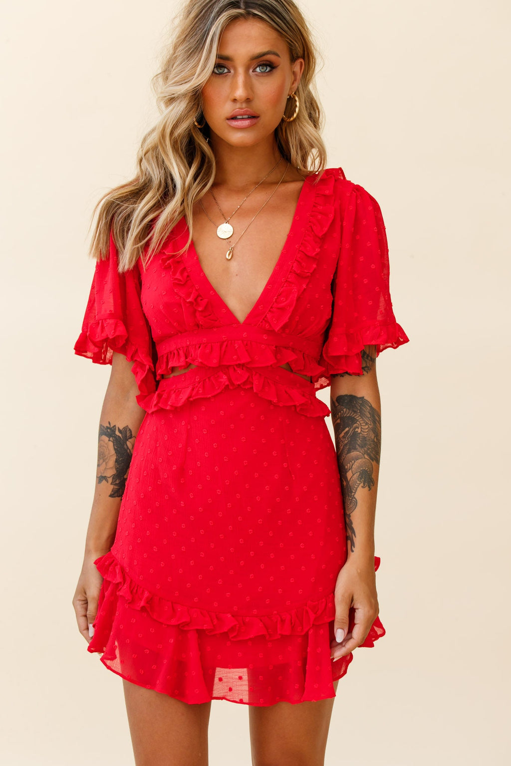 My Belle Cut-Out Detail Frill Accent Dress Red by Selfie Leslie