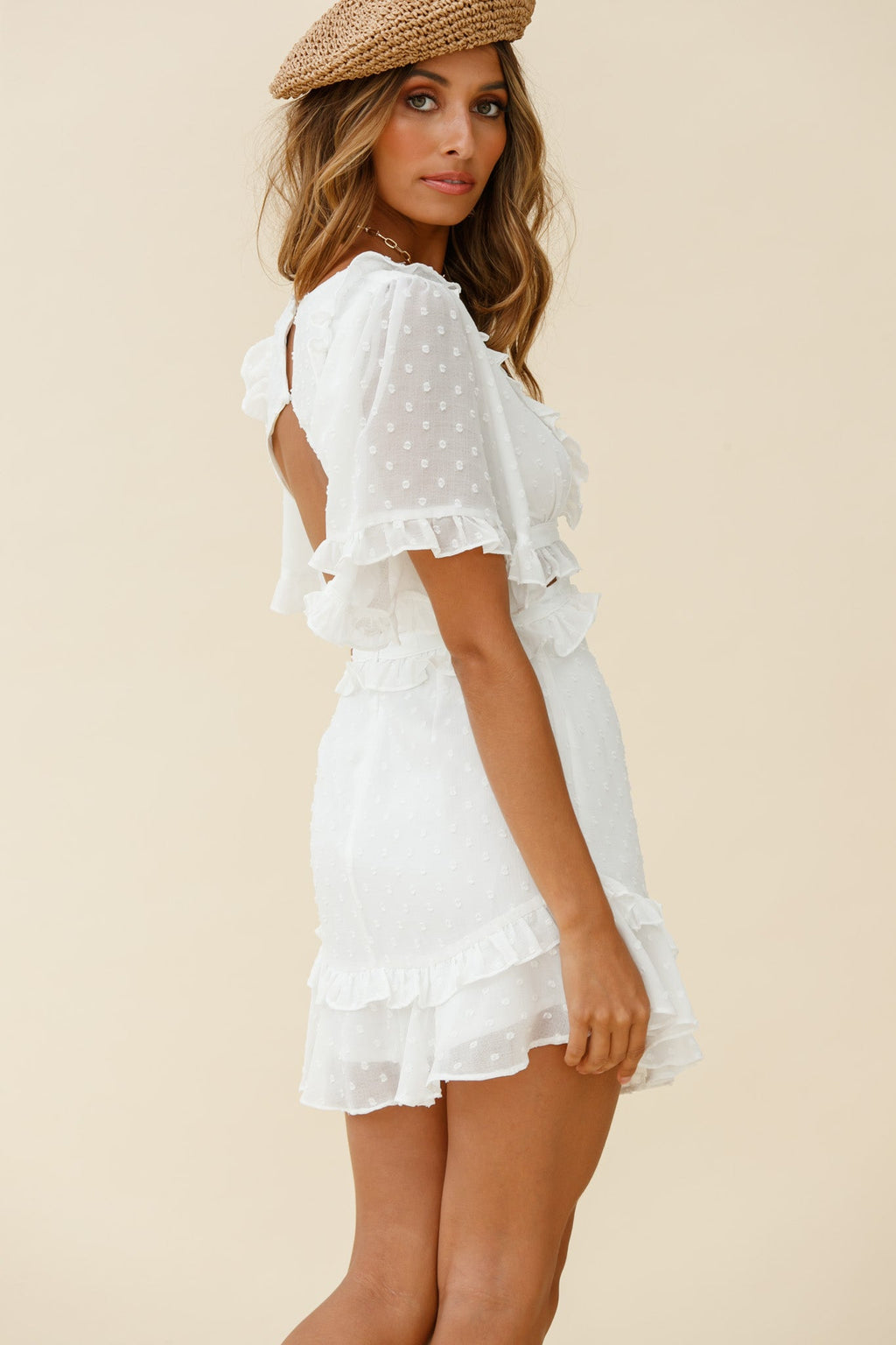 My Belle Cut-Out Detail Frill Accent Dress Spotty White by Selfie Leslie
