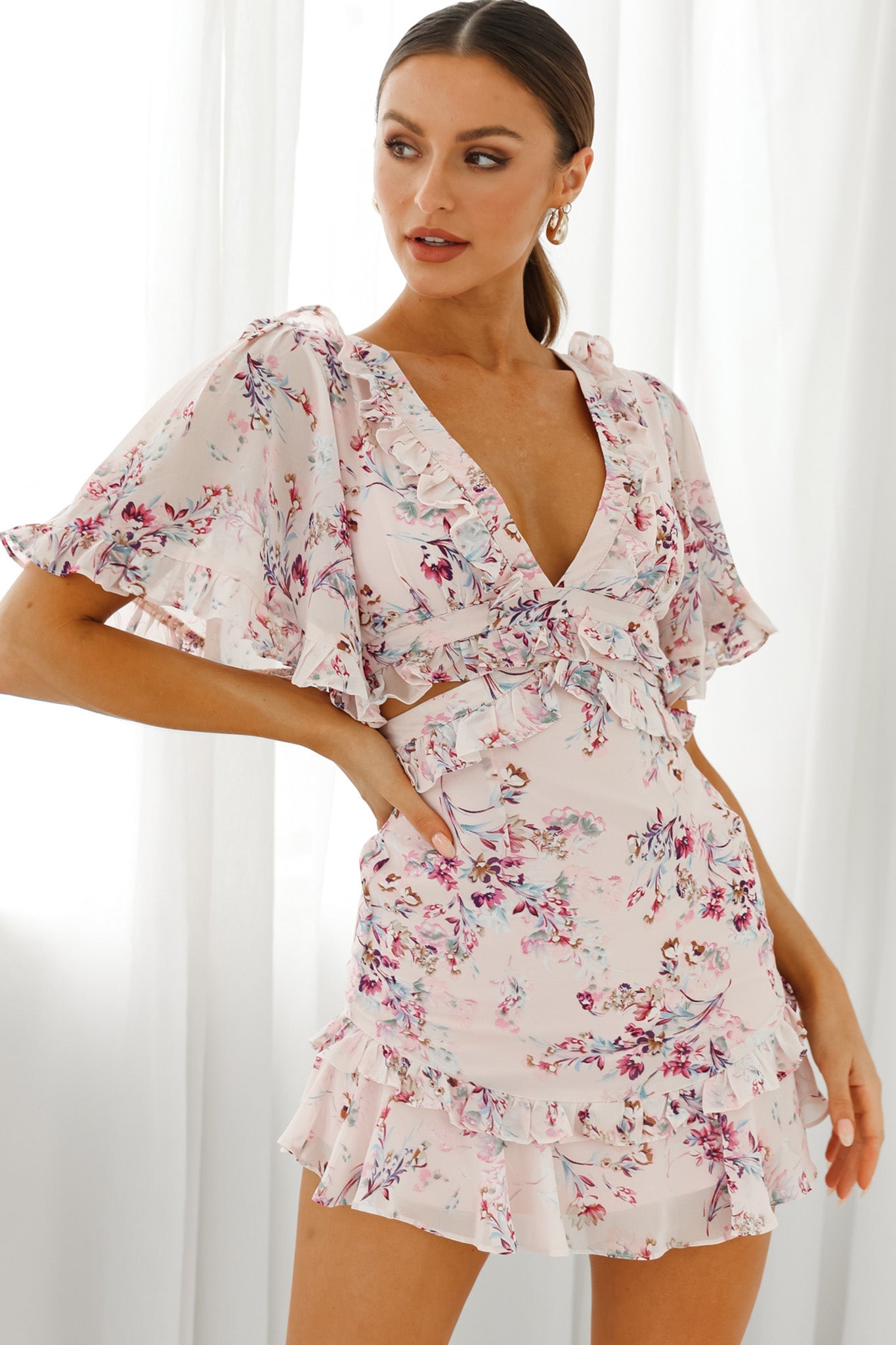 My Belle Cut-Out Detail Frill Accent Dress Floral Print Pink by Selfie Leslie