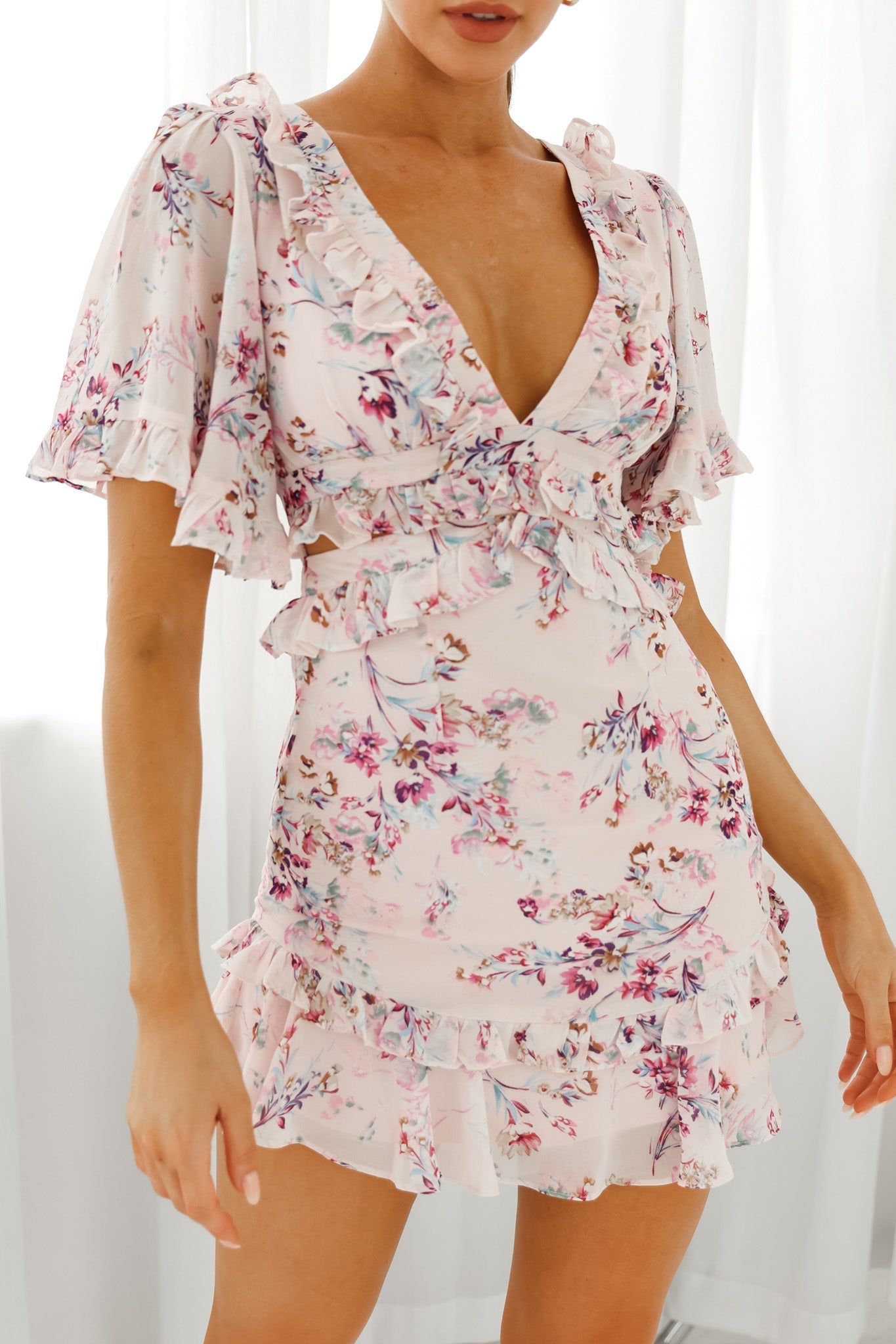 My Belle Cut-Out Detail Frill Accent Dress Floral Print Pink by Selfie Leslie