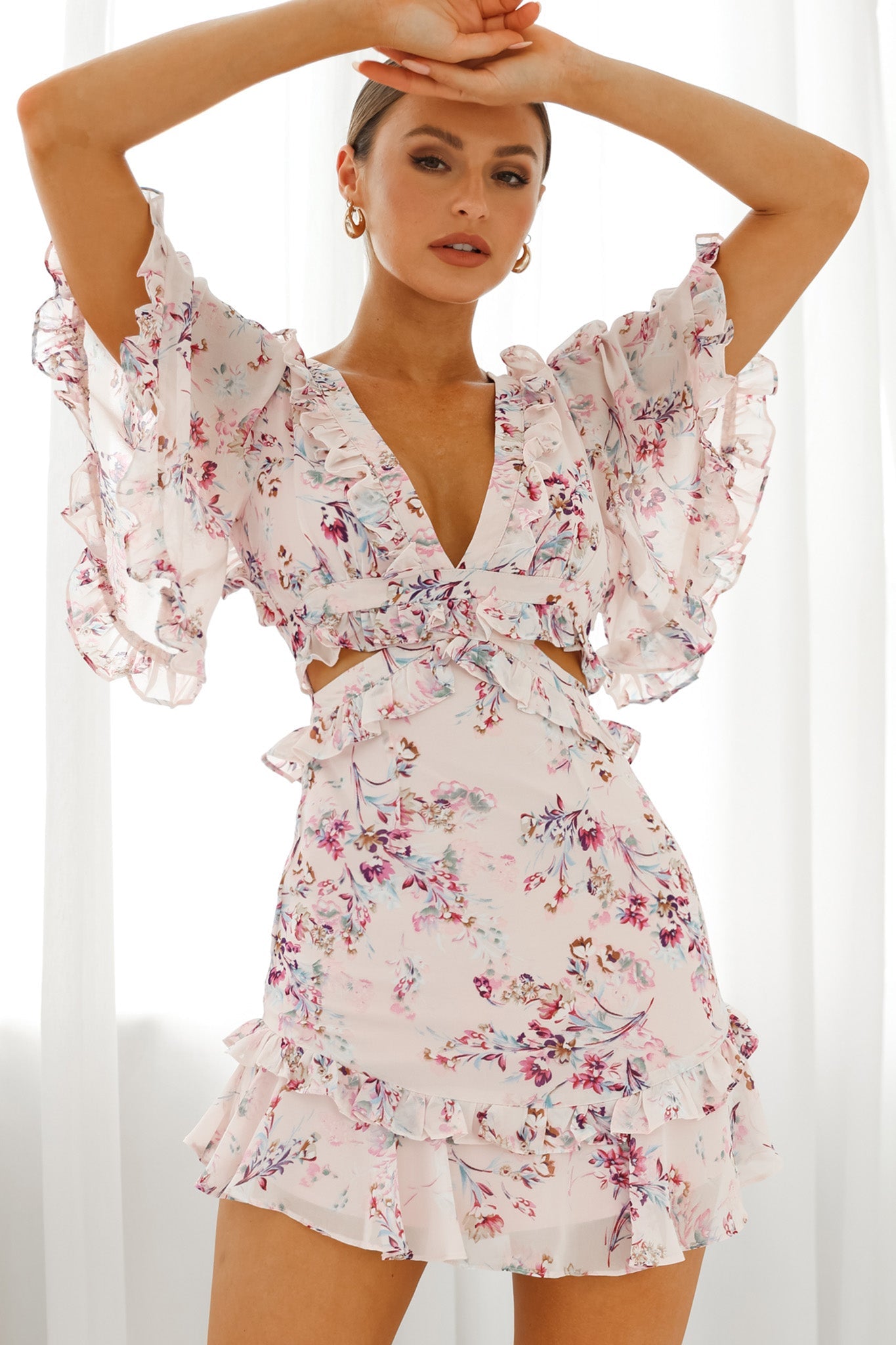 My Belle Cut-Out Detail Frill Accent Dress Floral Print Pink by Selfie Leslie