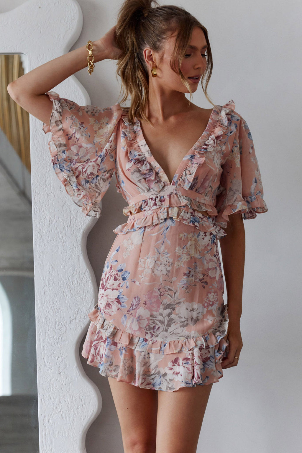 My Belle Cut-Out Detail Frill Accent Dress Vintage Floral Print Peach by Selfie Leslie