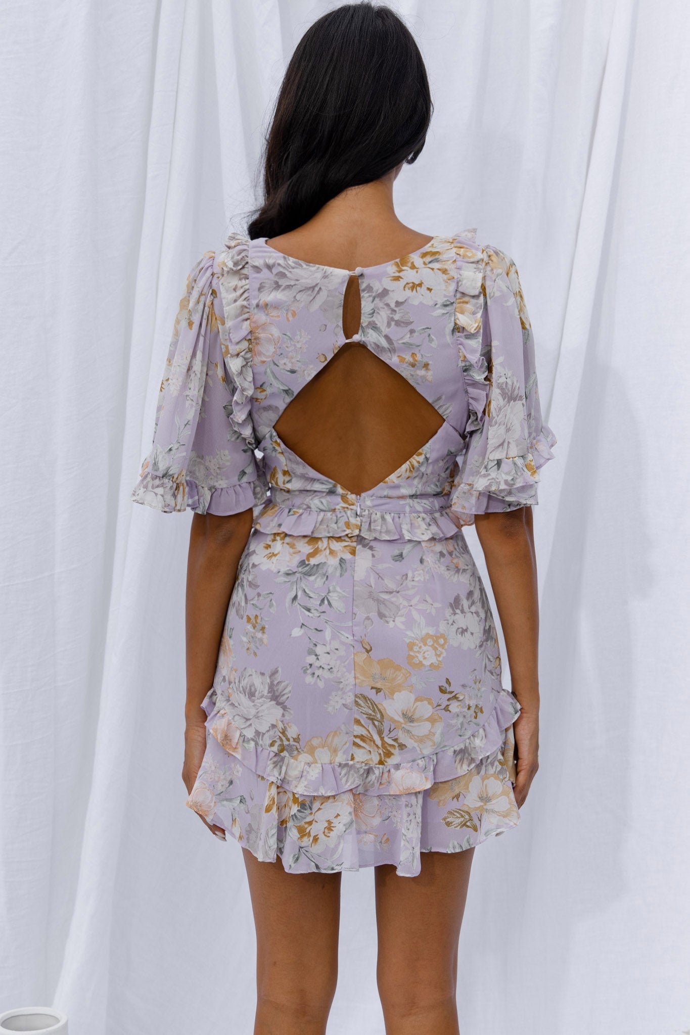 My Belle Cut-Out Detail Frill Accent Dress Vintage Floral Print Lilac by Selfie Leslie