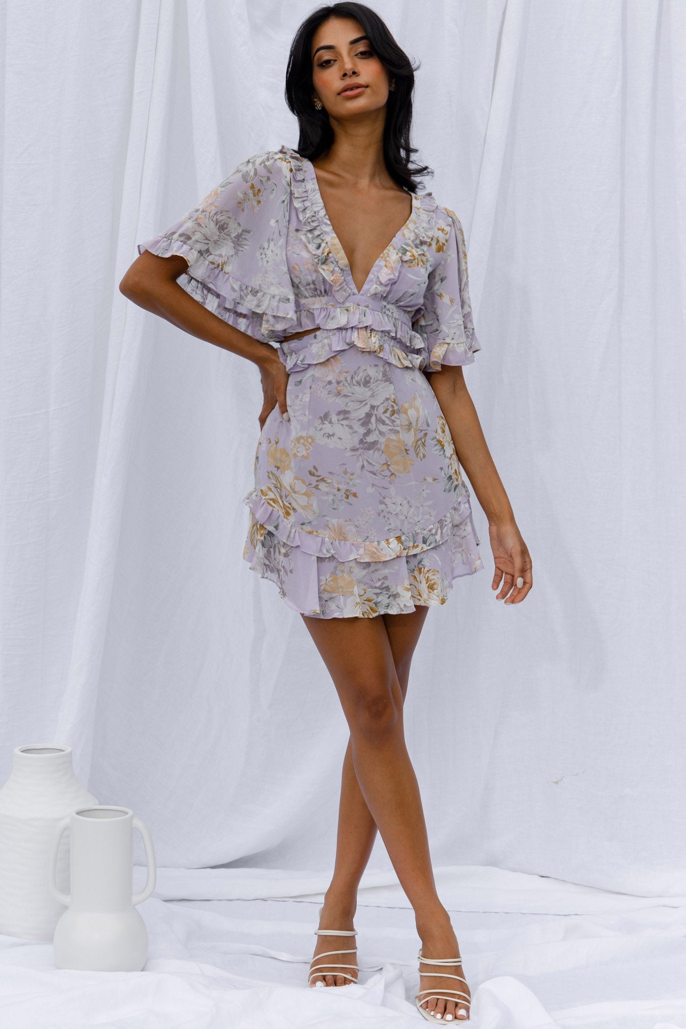 My Belle Cut-Out Detail Frill Accent Dress Vintage Floral Print Lilac by Selfie Leslie