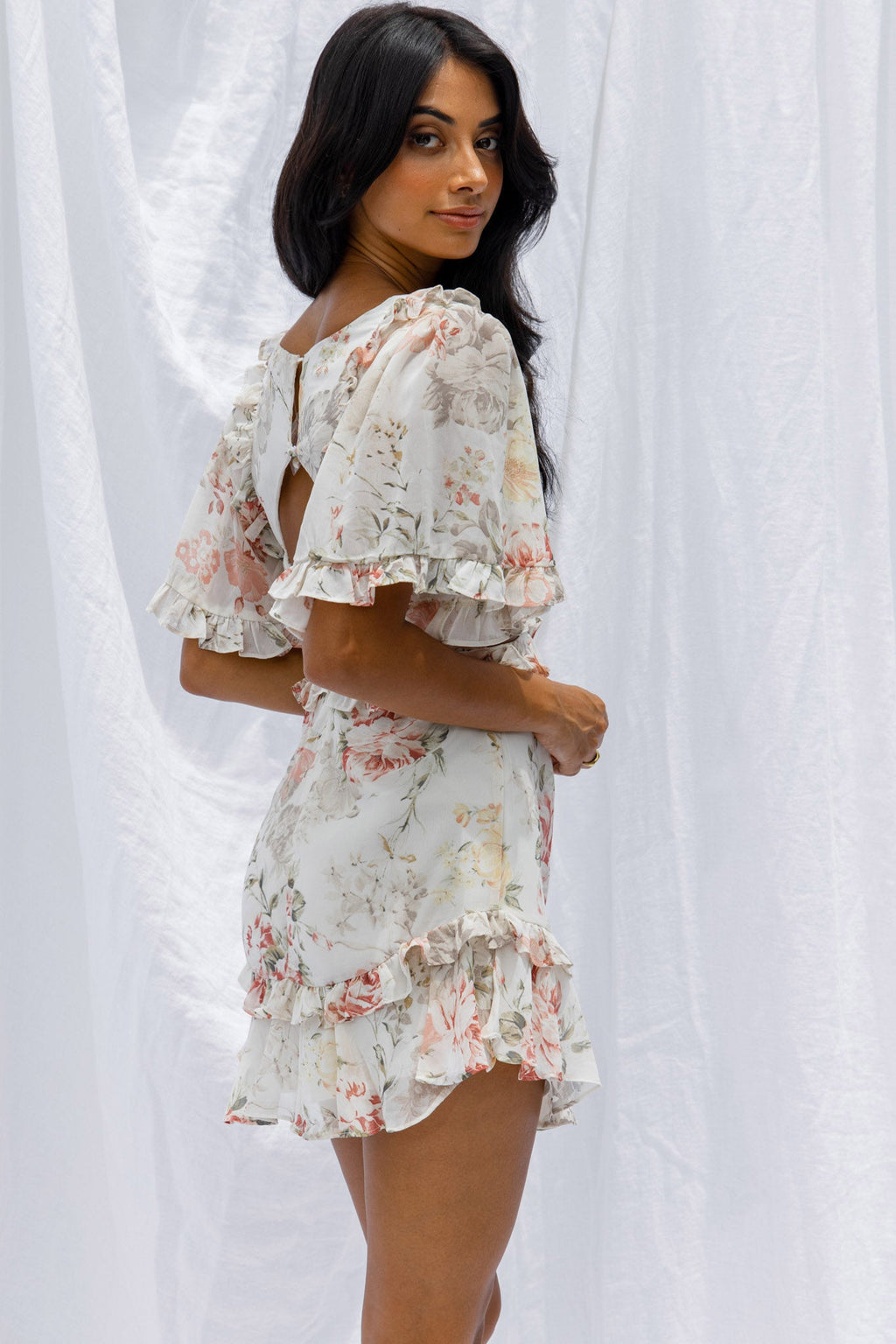 My Belle Cut-Out Detail Frill Accent Dress Vintage Floral Print White by Selfie Leslie